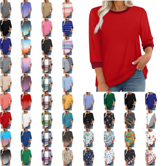 Women Blouses,Womens Tops,3/4 Sleeves Splicing Crew Neck Classic Style Solid Color,Gradient,Check,Print,Stripes Multivariant Lightweight Texture SuperSoft T-Shirt Fashion Blouse Round Neck Casual Top