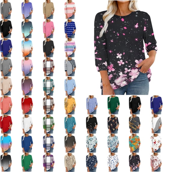 Women Blouses,Womens Tops,3/4 Sleeves Splicing Crew Neck Classic Style Solid Color,Gradient,Check,Print,Stripes Multivariant Lightweight Texture SuperSoft T-Shirt Fashion Blouse Round Neck Casual Top