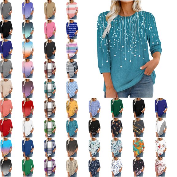 Women Blouses,Womens Tops,3/4 Sleeves Splicing Crew Neck Classic Style Solid Color,Gradient,Check,Print,Stripes Multivariant Lightweight Texture SuperSoft T-Shirt Fashion Blouse Round Neck Casual Top