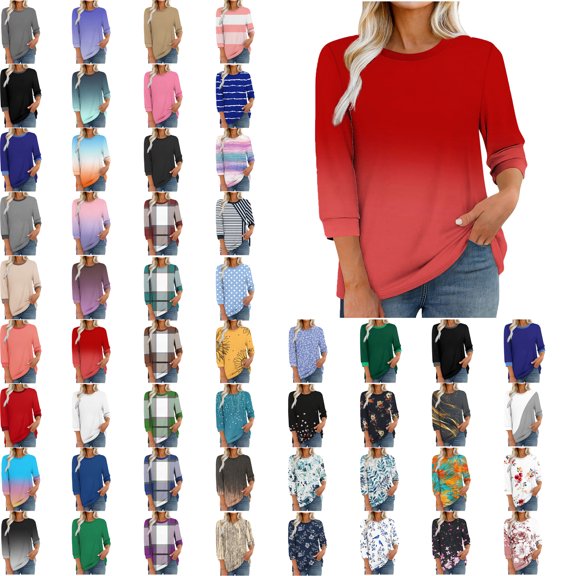 Women Blouses,Womens Tops,3/4 Sleeves Splicing Crew Neck Classic Style Solid Color,Gradient,Check,Print,Stripes Multivariant Lightweight Texture SuperSoft T-Shirt Fashion Blouse Round Neck Casual Top