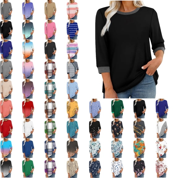 Women Blouses,Womens Tops,3/4 Sleeves Splicing Crew Neck Classic Style Solid Color,Gradient,Check,Print,Stripes Multivariant Lightweight Texture SuperSoft T-Shirt Fashion Blouse Round Neck Casual Top