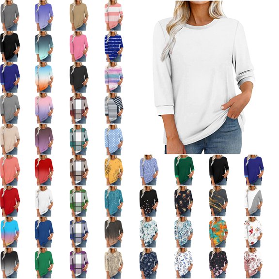 Women Blouses,Womens Tops,3/4 Sleeves Splicing Crew Neck Classic Style Solid Color,Gradient,Check,Print,Stripes Multivariant Lightweight Texture SuperSoft T-Shirt Fashion Blouse Round Neck Casual Top