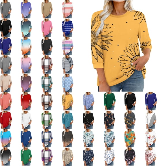 Women Blouses,Womens Tops,3/4 Sleeves Splicing Crew Neck Classic Style Solid Color,Gradient,Check,Print,Stripes Multivariant Lightweight Texture SuperSoft T-Shirt Fashion Blouse Round Neck Casual Top