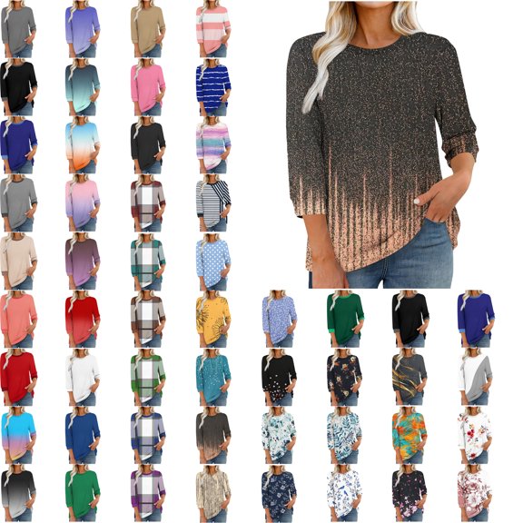 Women Blouses,Womens Tops,3/4 Sleeves Splicing Crew Neck Classic Style Solid Color,Gradient,Check,Print,Stripes Multivariant Lightweight Texture SuperSoft T-Shirt Fashion Blouse Round Neck Casual Top