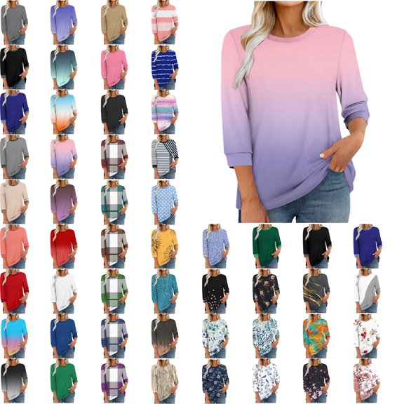 Women Blouses,Womens Tops,3/4 Sleeves Splicing Crew Neck Classic Style Solid Color,Gradient,Check,Print,Stripes Multivariant Lightweight Texture SuperSoft T-Shirt Fashion Blouse Round Neck Casual Top