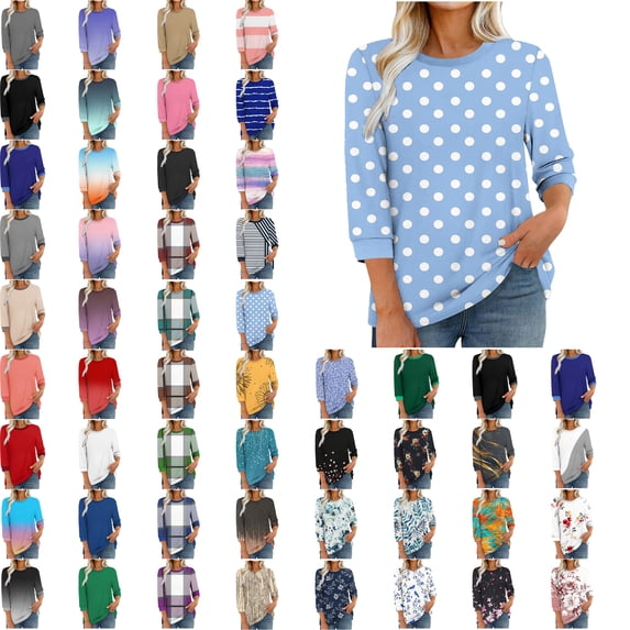 Women Blouses,Womens Tops,3/4 Sleeves Splicing Crew Neck Classic Style Solid Color,Gradient,Check,Print,Stripes Multivariant Lightweight Texture SuperSoft T-Shirt Fashion Blouse Round Neck Casual Top
