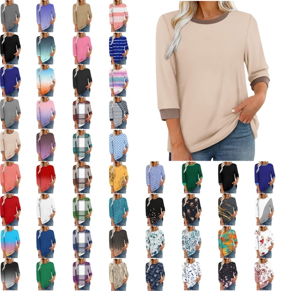 Women Blouses,Womens Tops,3/4 Sleeves Splicing Crew Neck Classic Style Solid Color,Gradient,Check,Print,Stripes Multivariant Lightweight Texture SuperSoft T-Shirt Fashion Blouse Round Neck Casual Top