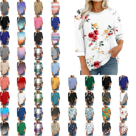 Women Blouses,Womens Tops,3/4 Sleeves Splicing Crew Neck Classic Style Solid Color,Gradient,Check,Print,Stripes Multivariant Lightweight Texture SuperSoft T-Shirt Fashion Blouse Round Neck Casual Top