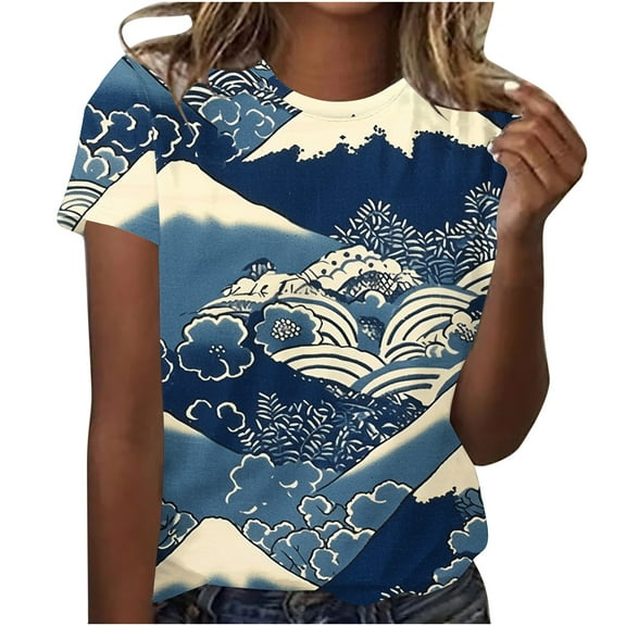 Women Blouses and Tops Fashion V Neck Short Sleeve Button Up Shirts for Women Print Sexy Summer Tops for Women Over 50 Hawaiian Shirts Blue