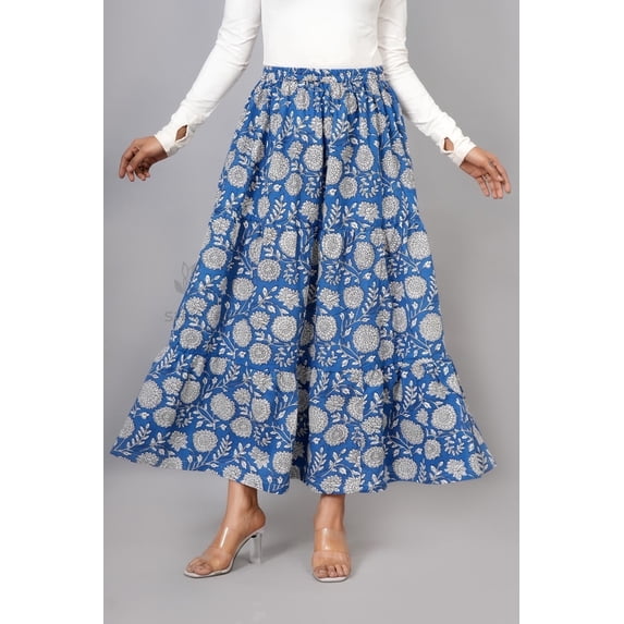 Women Blue Cotton Soft Maxi Skirt, Flowy Boho Style White Floral Hand Block Print with Elastic Waist, XXL