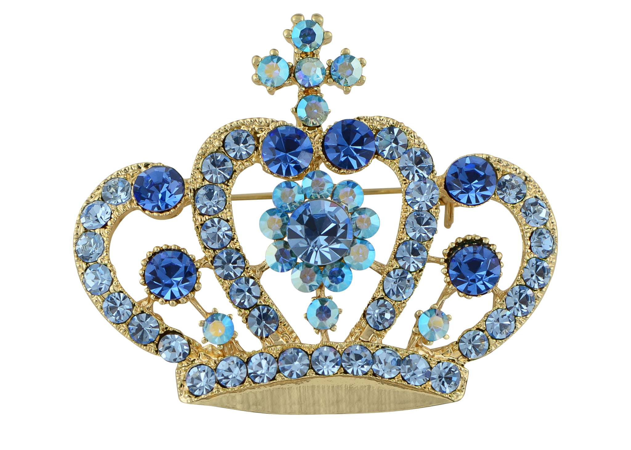 Women Blue Crystal Rhinestone Royal Princess Queen Crown Brooch