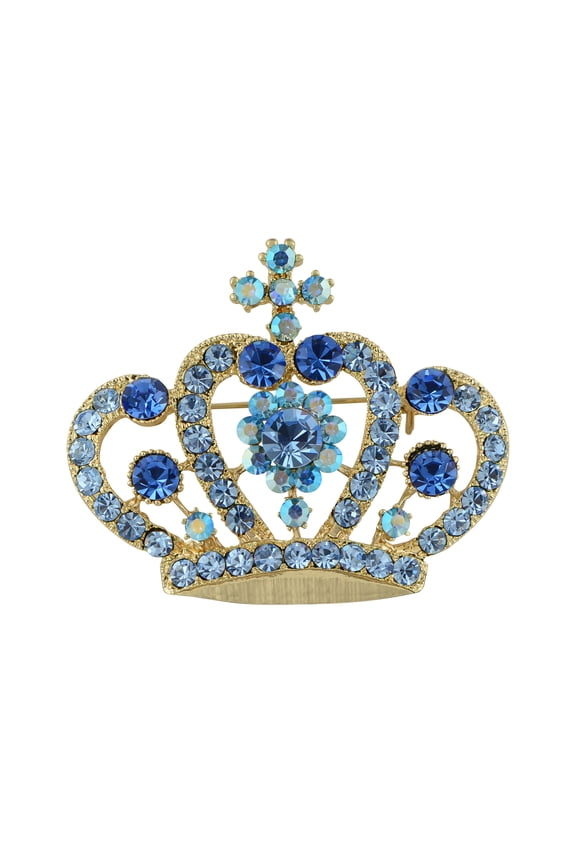Women Blue Crystal Rhinestone Royal Princess Queen Crown Brooch Pin, Blue