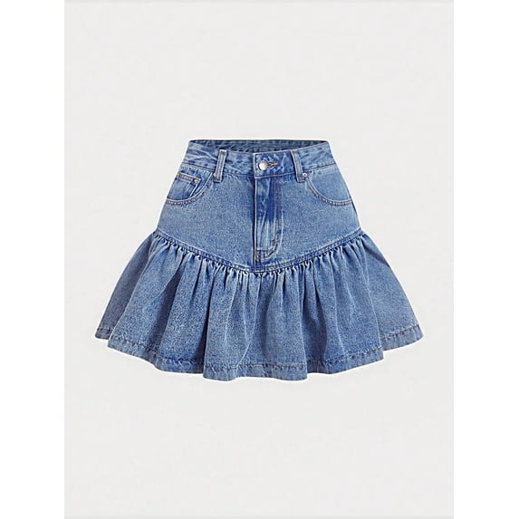Women Blue Denim A-Line Mini Skirt With Ruffle Hem