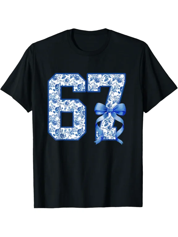 Women Blue Floral 67 Coquette Bow T Shirt Size S-5XL