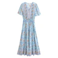 thumbnail image 1 of Women Blue Floral Print Ruffles Sleeve Bohemian Maxi Dresses Ladies Rayon Summer A-line Beach Boho Dress, 1 of 7