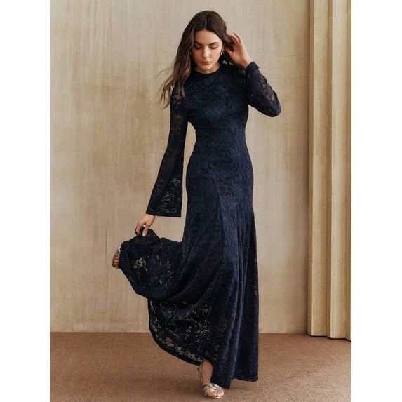 Women Blue Long Sleeve Lace Maxi Dress, Elegant Round Neck Slim Fit Bell