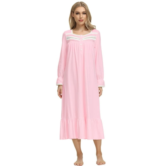 Women Blue Nightgown Classic Nightwear Long Sleeve Retro Pajama Dress Soft Cotton Loungewear with Pockets