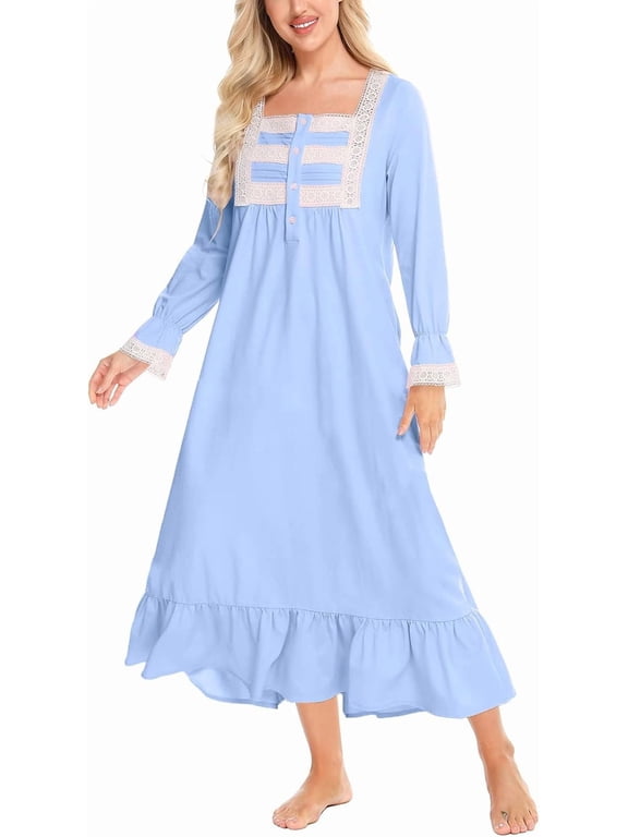 Women Blue Nightgown Classic Nightwear Long Sleeve Retro Pajama Dress Soft Cotton Loungewear with Pockets