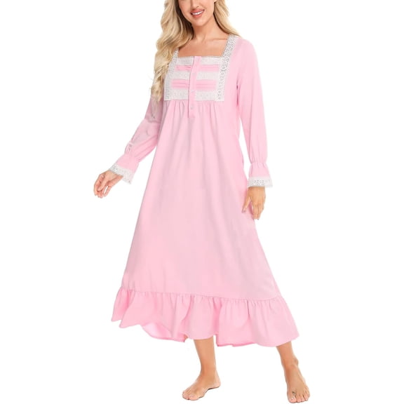 Women Blue Nightgown Classic Nightwear Long Sleeve Retro Pajama Dress Soft Cotton Loungewear with Pockets