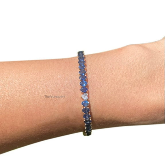 Women Blue Sapphire Tennis Bracelet, 14k Gold plated,CZ Heart Wrist,wedding Gift For Her