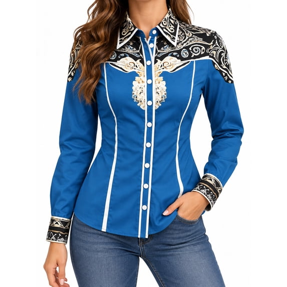 Women Blue Western Button Down Blouse with Ornate Embroidery and Contrast Trim Long Sleeve Cowboy Shirt