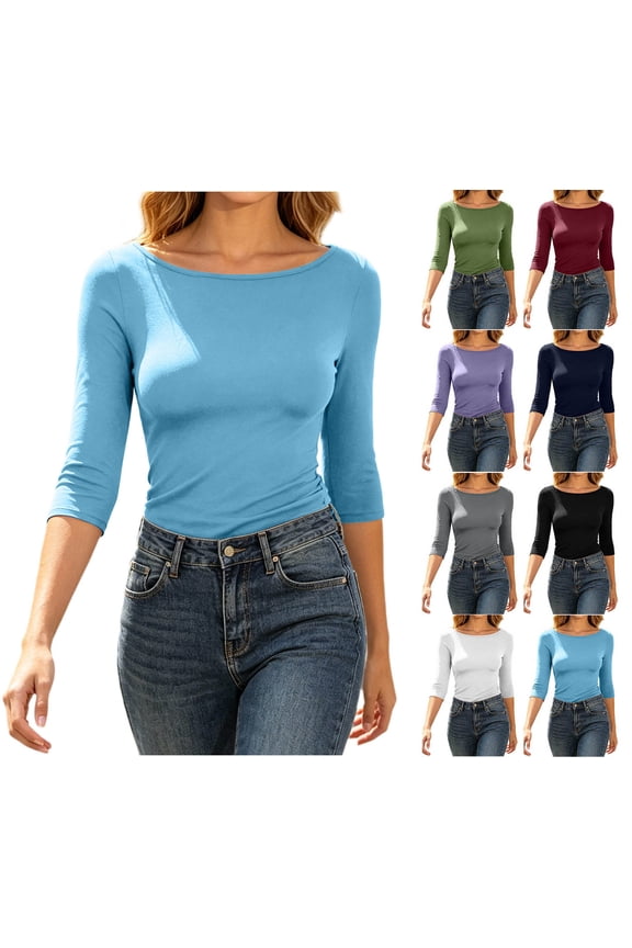 Women Boat Neck 3/4 Sleeve Fitted T-Shirt Soft Stretchy Solid Color Slim Basic Tee Casual Fall Layering Top
