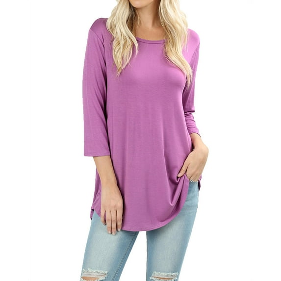 Women Boat Neck 3/4 Sleeve Rayon Draped Dolphin Hem Tunic T-Shirt Top