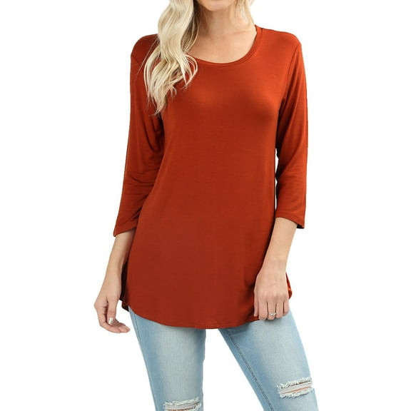 Women Boat Neck 3/4 Sleeve Rayon Draped Dolphin Hem Tunic T-Shirt Top