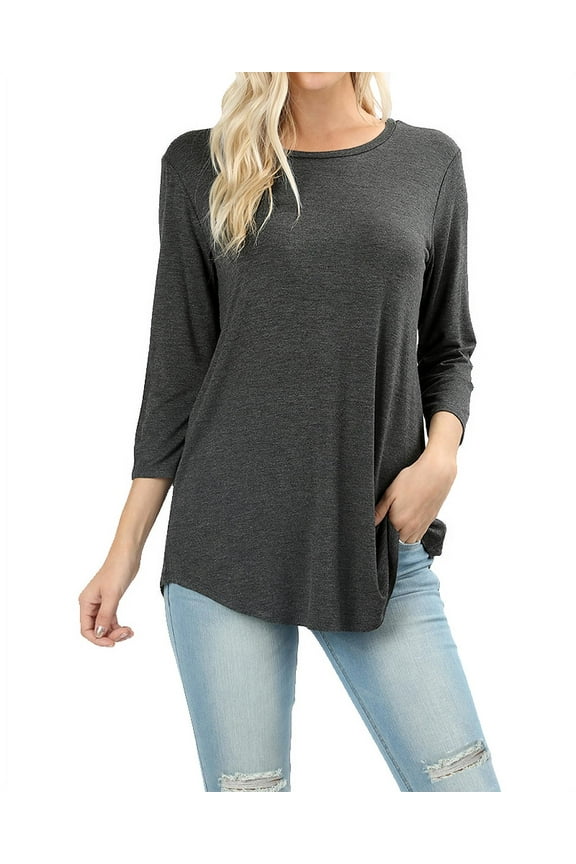 Women Boat Neck 3/4 Sleeve Rayon Draped Dolphin Hem Tunic T-Shirt Top