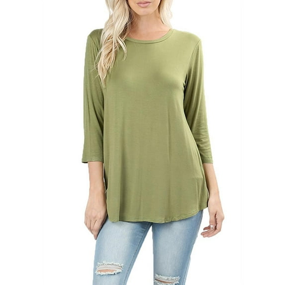 Women Boat Neck 3/4 Sleeve Rayon Draped Dolphin Hem Tunic T-Shirt Top
