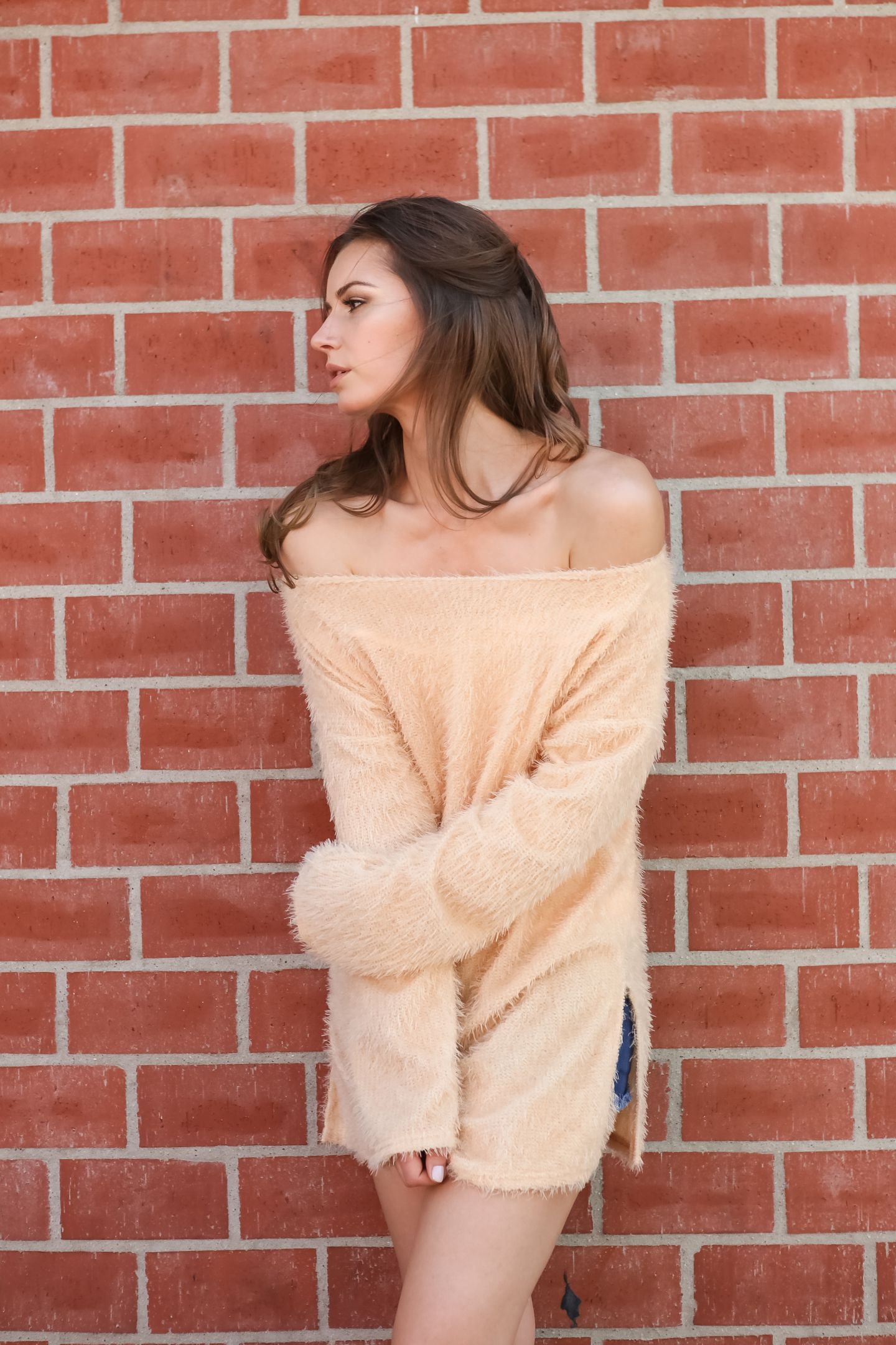 Women Boat Neck Fuzzy Furry Sweater Knit Pullover Loose Fit Tunic Top Beige Medium