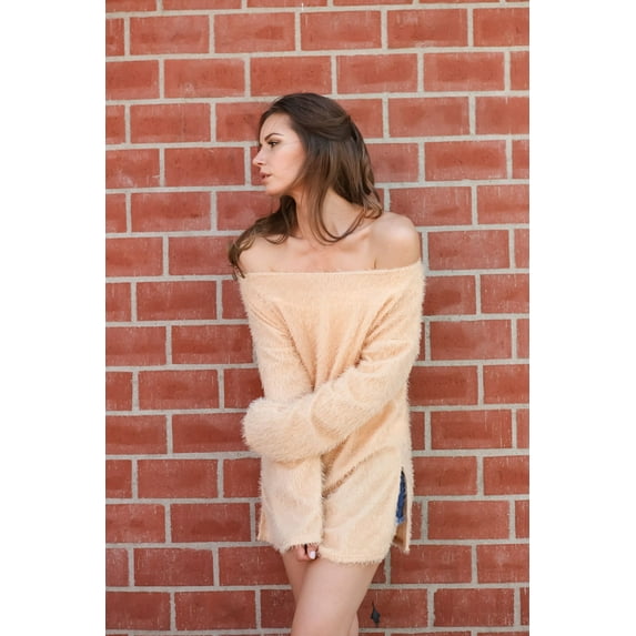 Women Boat Neck Fuzzy Furry Sweater Knit Pullover Loose Fit Tunic Top Beige Medium