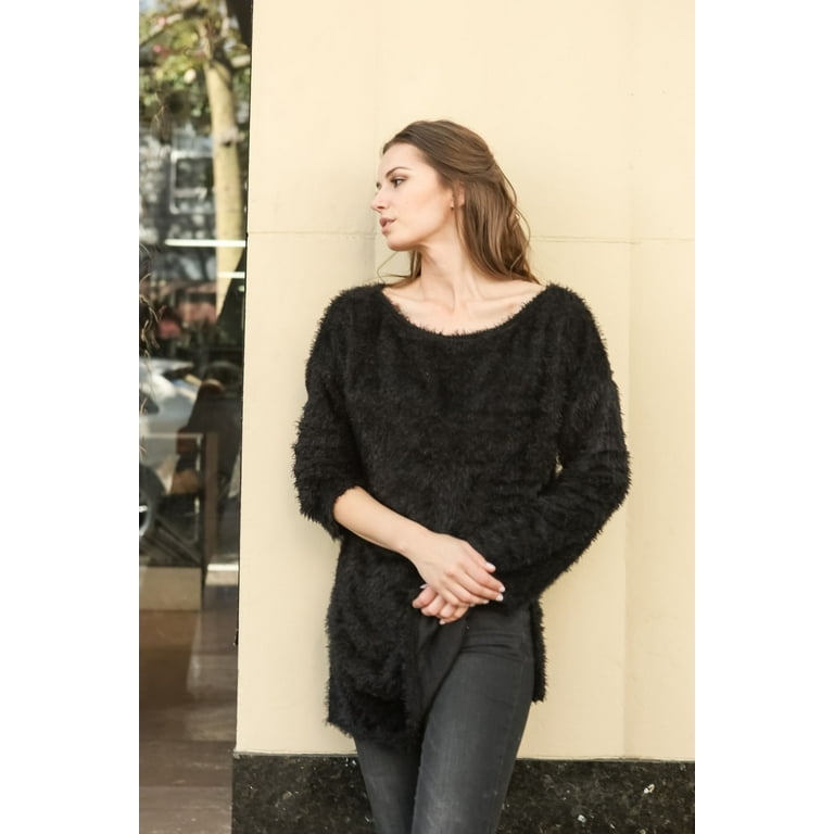 Women Boat Neck Fuzzy Furry Sweater Knit Pullover Loose Fit Tunic
