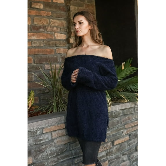Women Boat Neck Fuzzy Furry Sweater Knit Pullover Loose Fit Tunic Top