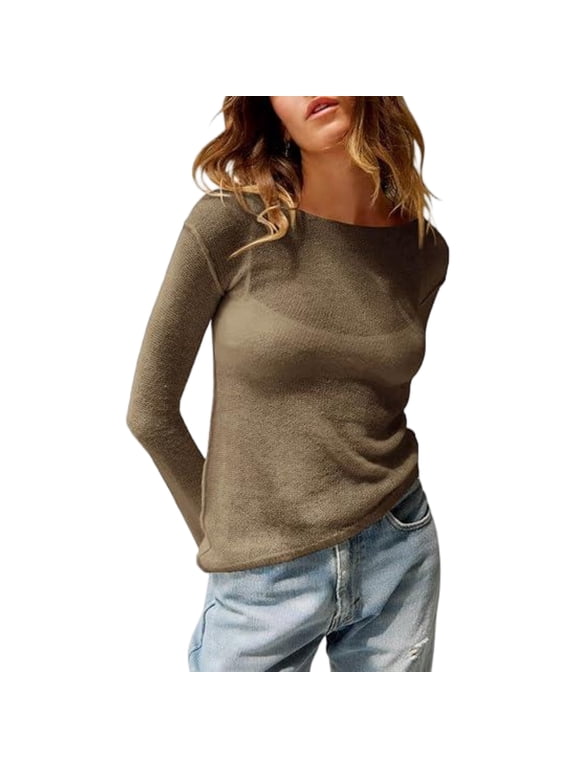Women Boat Neck Long Sleeve Lightweight Knitted Pullover Casual Top