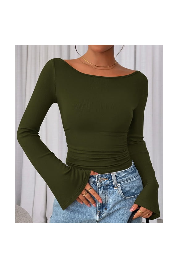 Women Boat Neck Long Sleeve Top, Ribbed Ruched Bell Sleeve Slim Fit Y2K Going Out Shirt for Fall Army Green XL