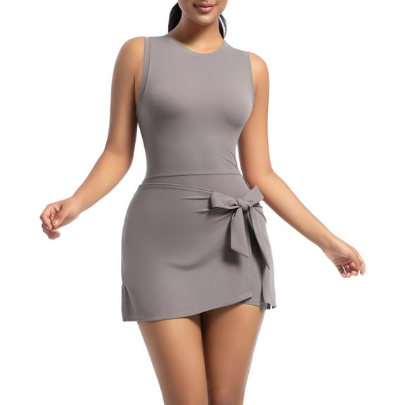 Women Boat Neck Tennis Dress Sleeveless Wrap Skirt Built in Shorts Golf Athletic Dress Workout Rompers 2025 Trendy
