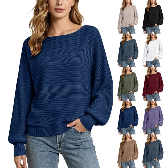 Women Boat Neck Textured Knit Sweater Batwing Long Sleeve Solid Color Loose Casual Pullover Ribbed Cuff Fall Blouse