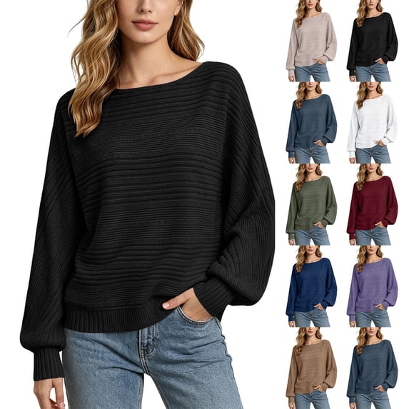 Women Boat Neck Textured Knit Sweater Batwing Long Sleeve Solid Color Loose Casual Pullover Ribbed Cuff Fall Blouse
