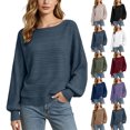 thumbnail image 1 of Women Boat Neck Textured Knit Sweater Batwing Long Sleeve Solid Color Loose Casual Pullover Ribbed Cuff Fall Blouse, 1 of 6