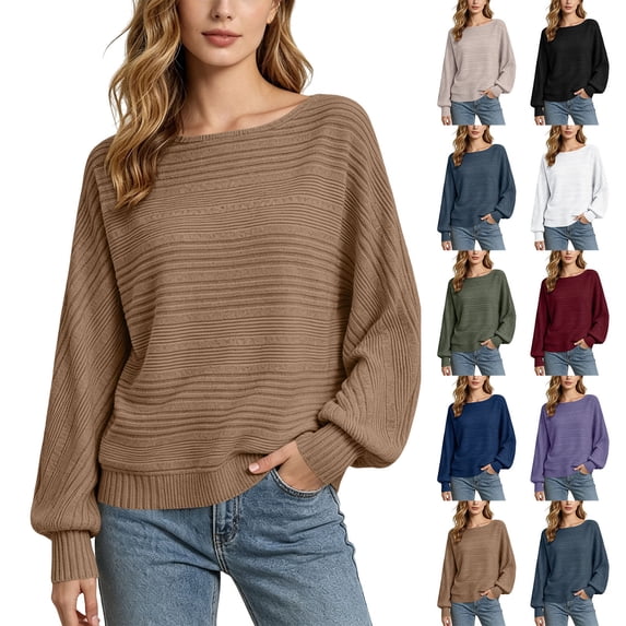 Women Boat Neck Textured Knit Sweater Batwing Long Sleeve Solid Color Loose Casual Pullover Ribbed Cuff Fall Blouse
