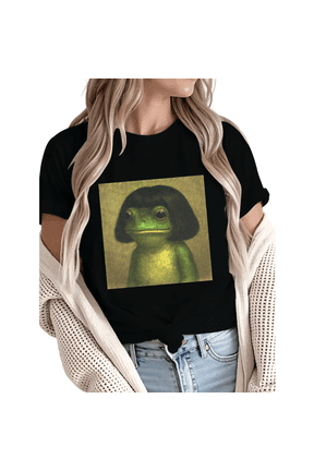 Women Bob Wig Frog Vintage Art Graphic fun Tees T Shirt Tops Round Neck Cotton T Shirt Black S-5XL