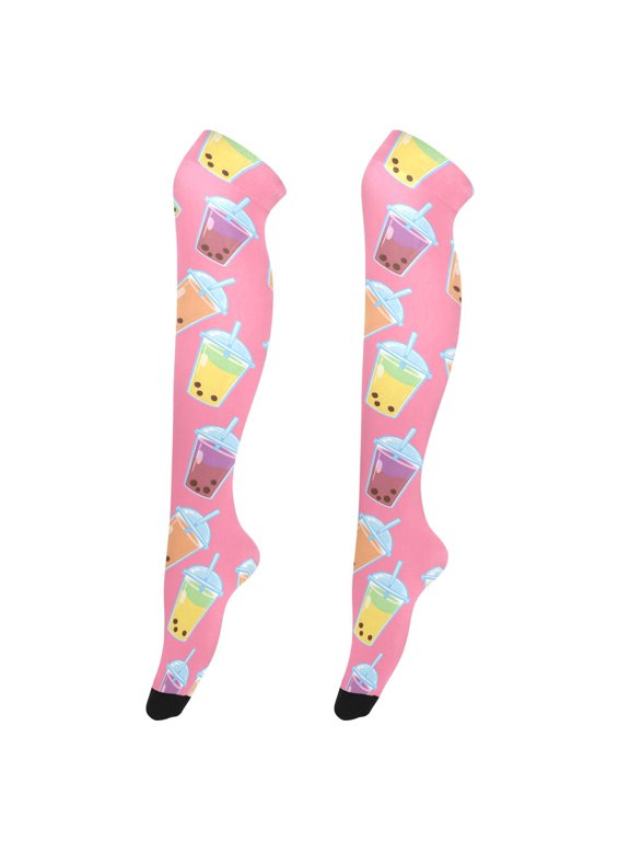 Women Boba Bubble Tea Pink Pattern Over Knee Thigh High Socks