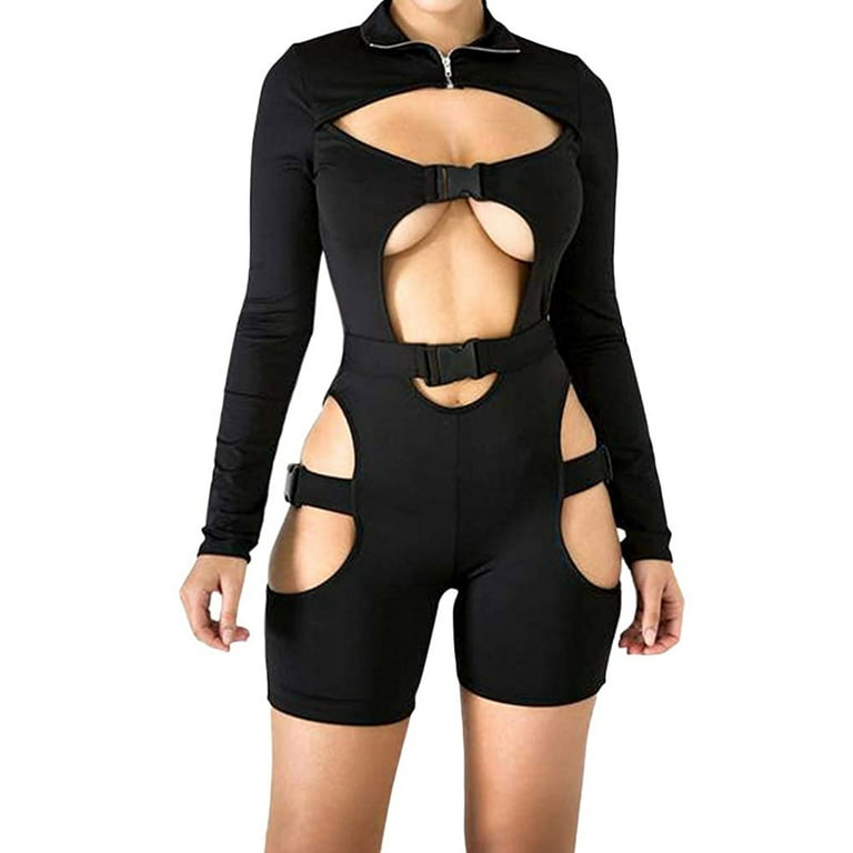 Women Bodycon Buckle High Neck Jumpsuit Long Sleeves Sexy