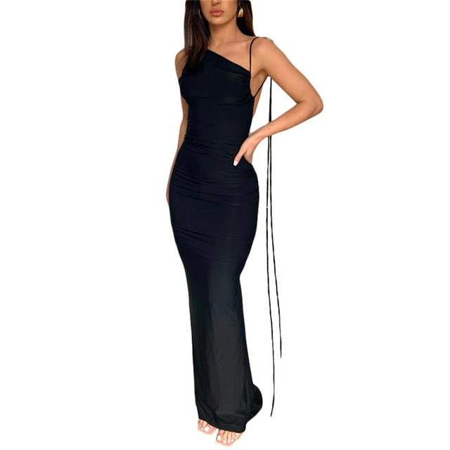 Women Bodycon Cutout Backless Dress Slant Shoulder Drawstring Ruched ...