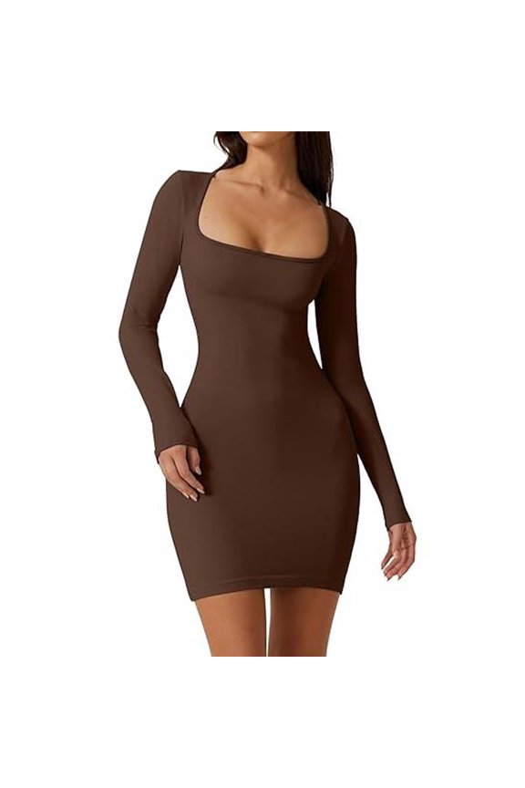 Women Bodycon Dress, Long Sleeve Square Neck Solid Color Slim Fit Fall Mini Dress Clubwear