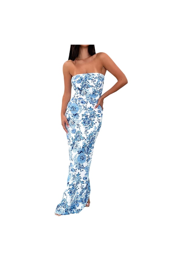 Women Bodycon Evening Cocktail Party Maxi Dresses Women's Fashion Casual Spring Sleeveless Off-The-Shoulder Ankle Dress Blue M