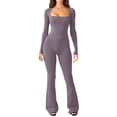 thumbnail image 1 of Women Bodycon Jumpsuit Long Square Neck Slim Fit Flared Pants Romper Playsuit, 1 of 5