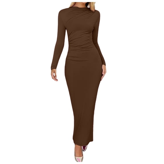 Women Bodycon Maxi Dress Long Sleeve Ruched Elegant Party Formal Spring Wedding Guest Dresses Coffee S