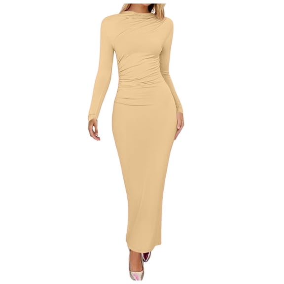 Women Bodycon Maxi Dress Long Sleeve Ruched Elegant Party Formal Spring Wedding Guest Dresses Khaki M